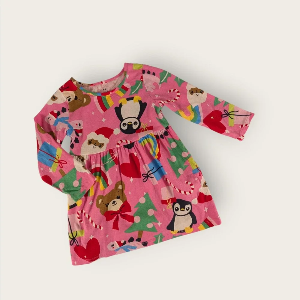 HM Kids Pink Christmas Holiday Dress Penguin Bear Long Sleeve Size 2T